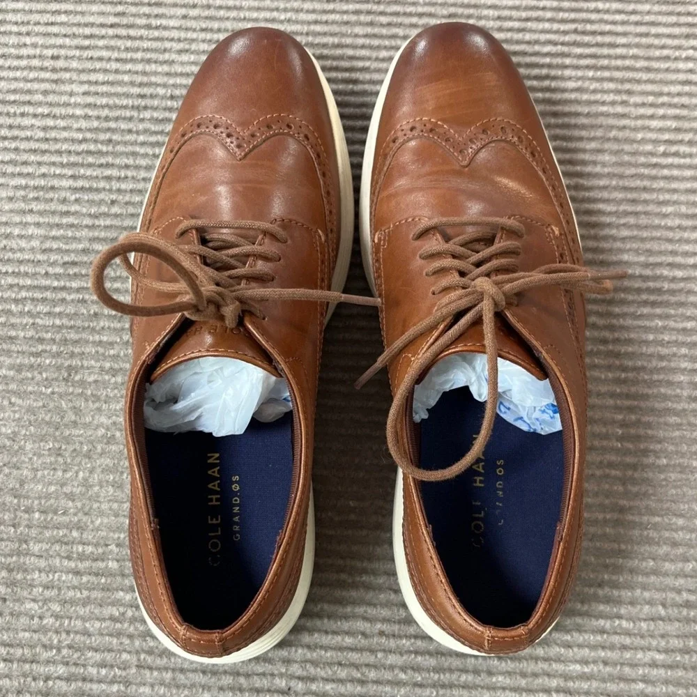 Cole Haan Mens Grand.OS Wingtip Oxford British Tan Leather Shoes Size 9.5M